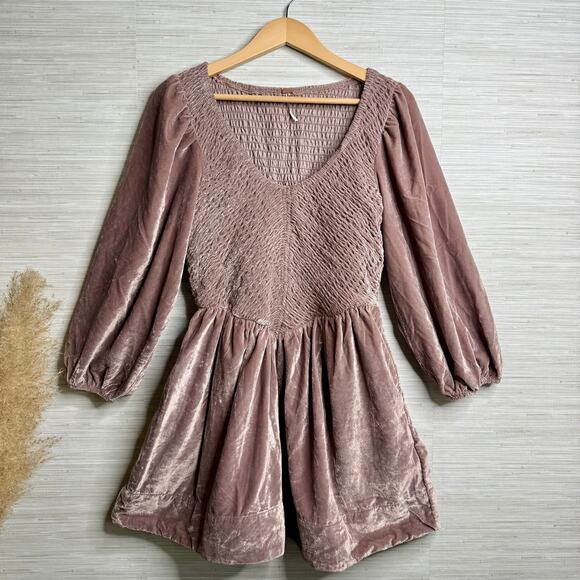 Free People mini dress velvet smocked pleated boho cocktail party Medium - Picture 3 of 9